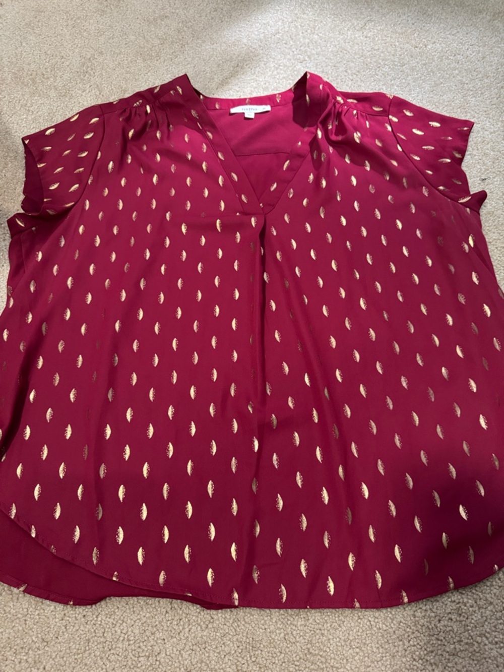 Women's Burgundy V-Neck Metallic Dot Blouse
